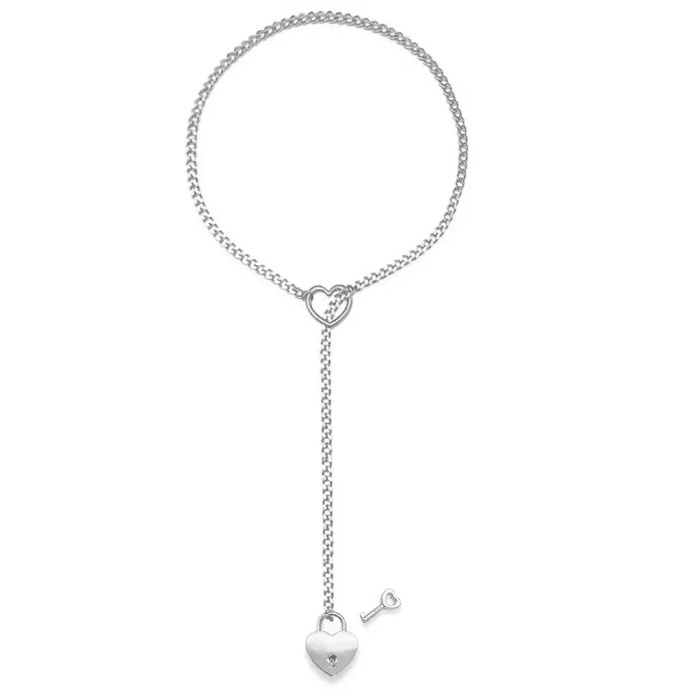 Adjustable Heart O-Ring Punk Rock Cuban Chain Necklace β Lariat Y-Style Necklace with Key & Heart Lock Pendant